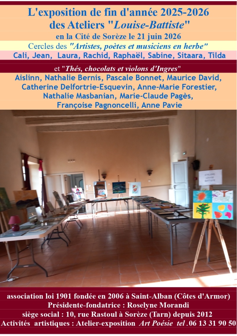 Exposition du 21 juin 2026 en la Cité de Sorèze Ateliers Louise-Battiste